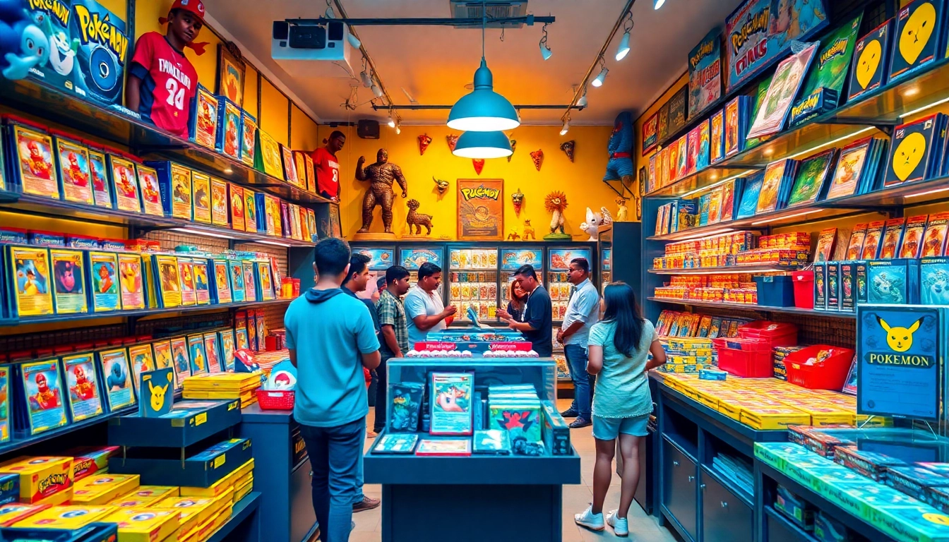 Explore a lively Pokemon tcg india store with colorful card displays and collectible figures.