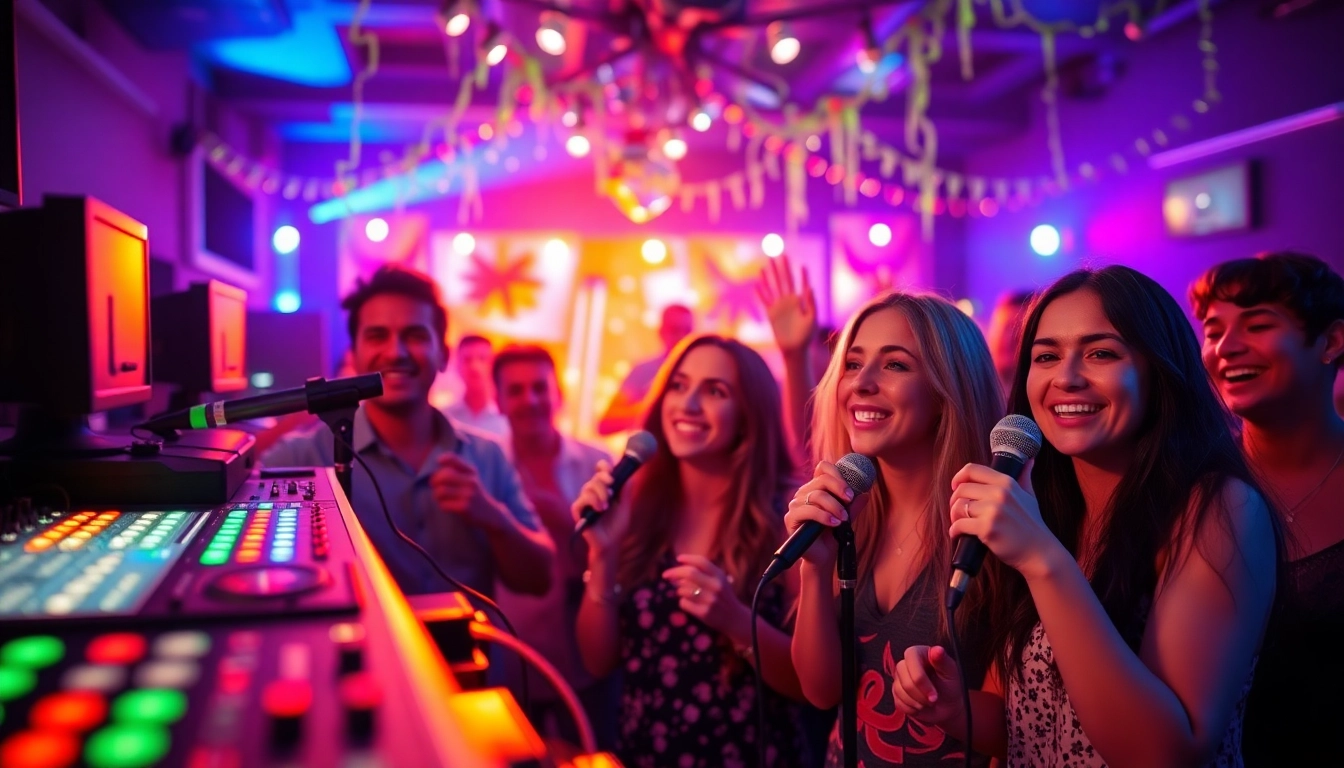 Dynamic scene of a karaoke service gathering with friends singing joyfully.