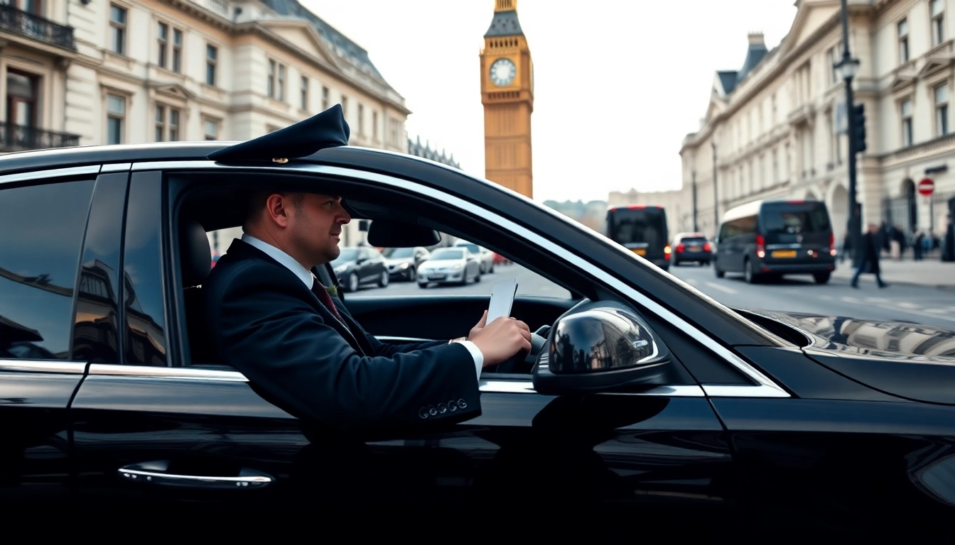 London chauffeur driving a luxury car with iconic London landmarks in the background.