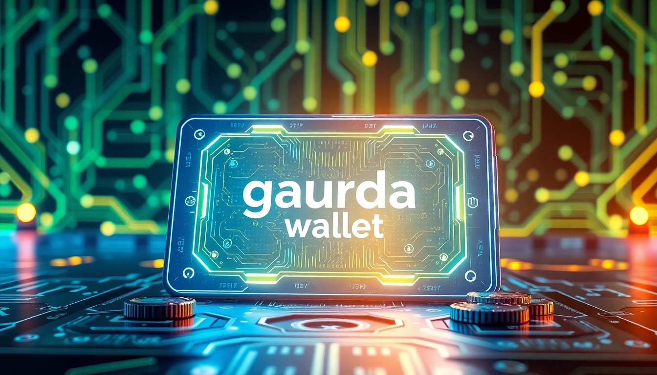 Showcasing the gaurda wallet interface against a tech-inspired backdrop, highlighting its digital security.