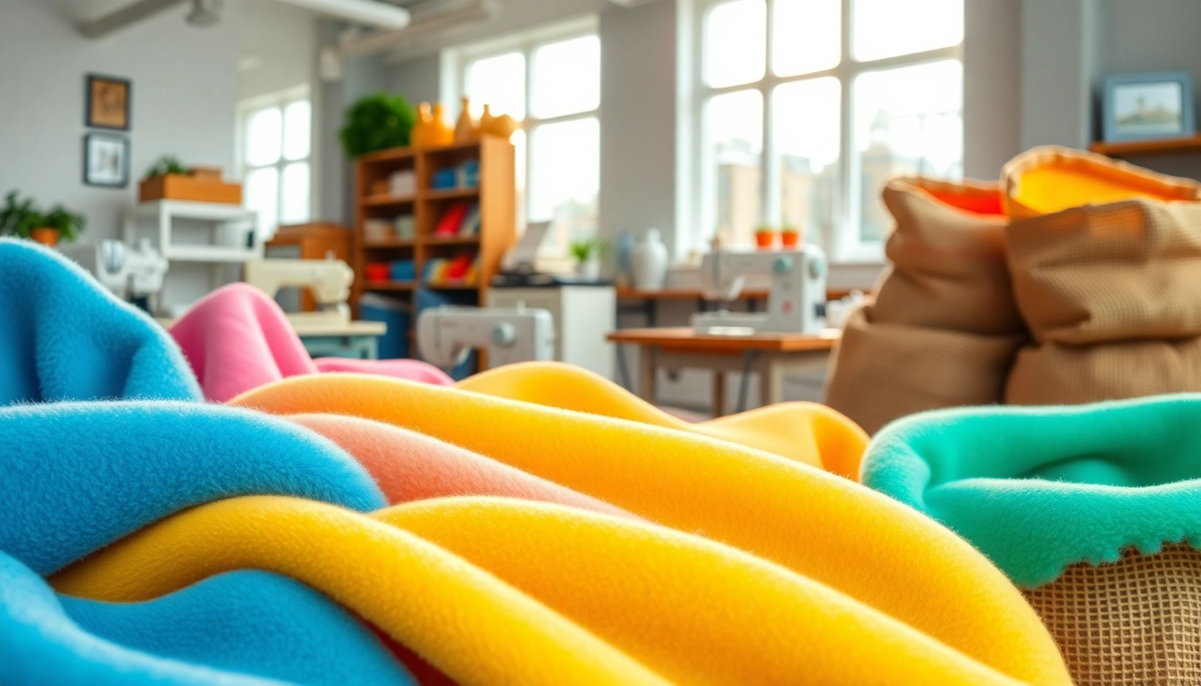 Ontdek de veelzijdigheid van fleece met verschillende kleuren en texturen in een naaiatelier.
