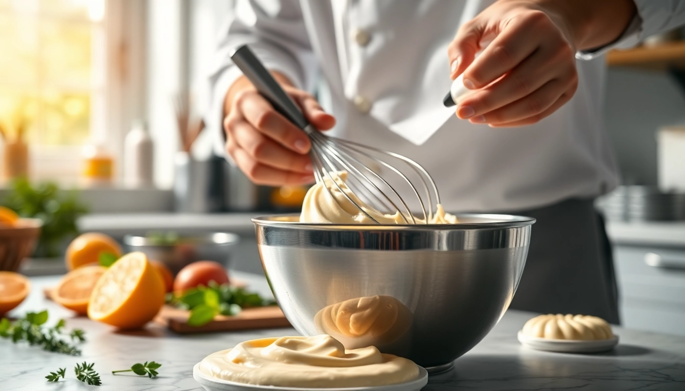 Bereid mousseline saus met een professionele chef in een heldere keukenomgeving.
