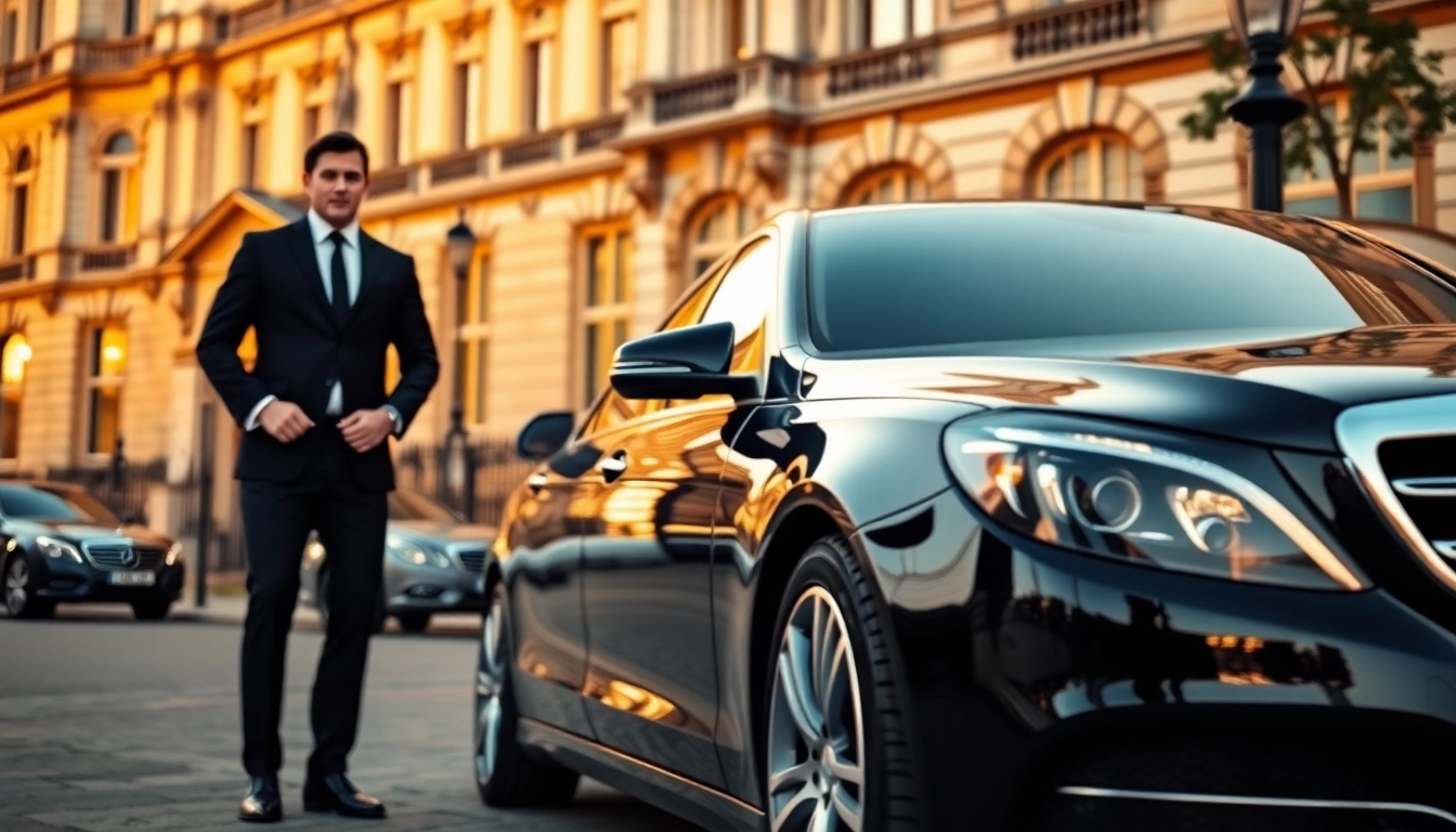 Experience luxury chauffeur service london with a professional chauffeur in front of a refined British backdrop.
