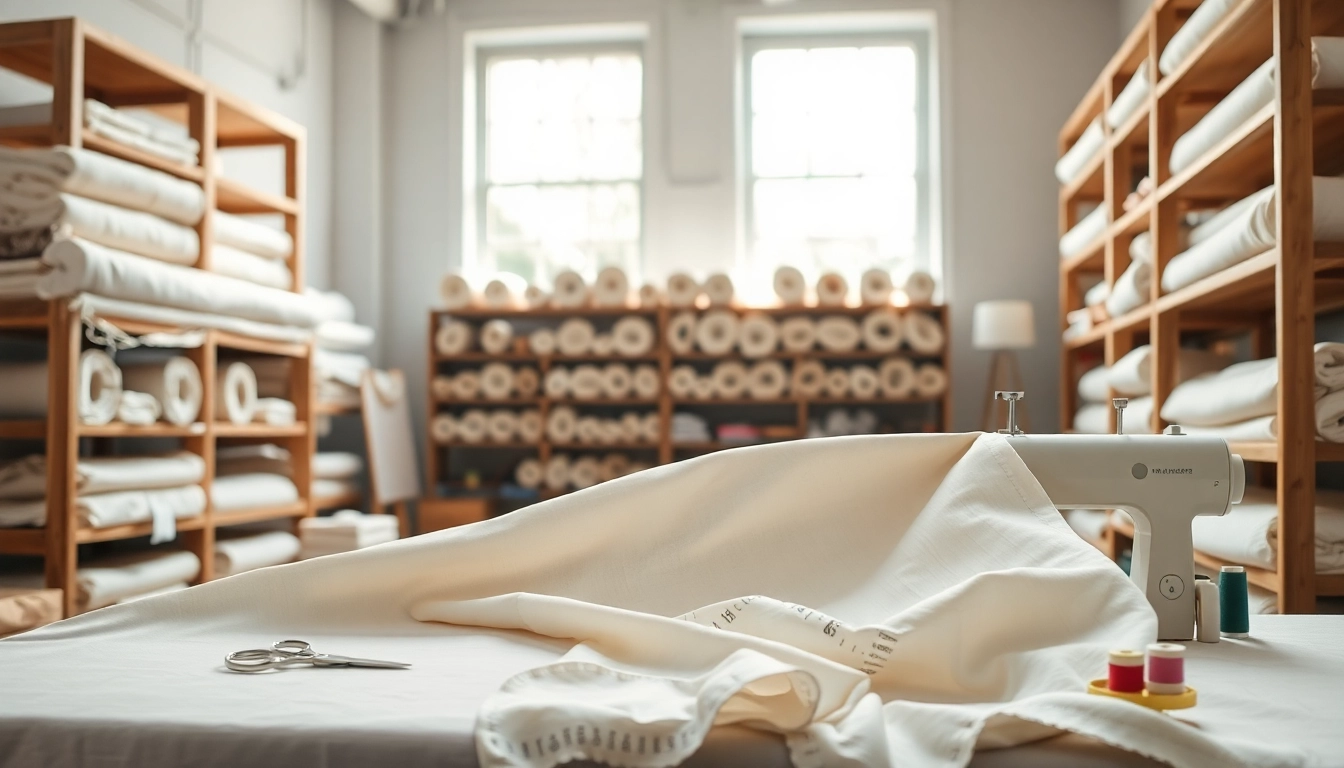 Bekijk ongebleekt katoen in een naaiatelier met natuurlijke tinten en accessoires.