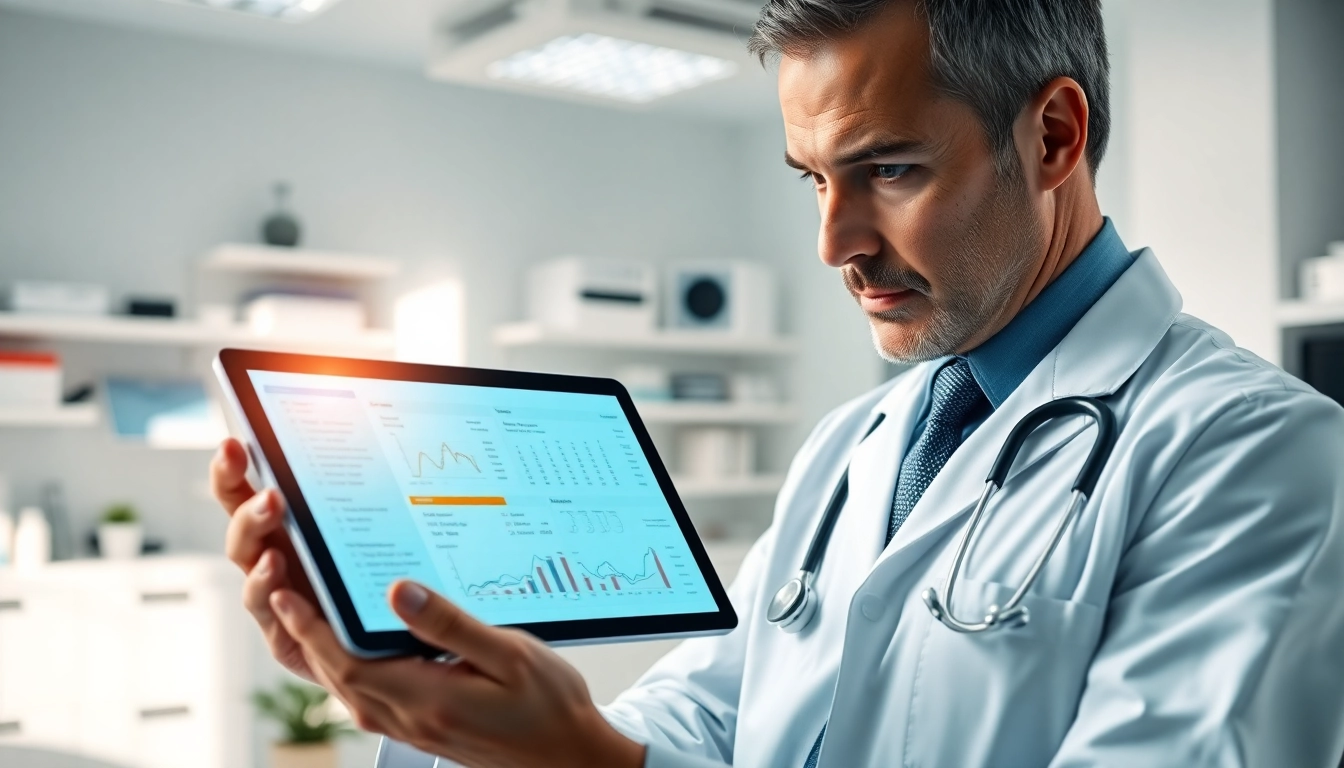 Doctor using eprescribing software for doctors on a tablet in a modern medical office.
