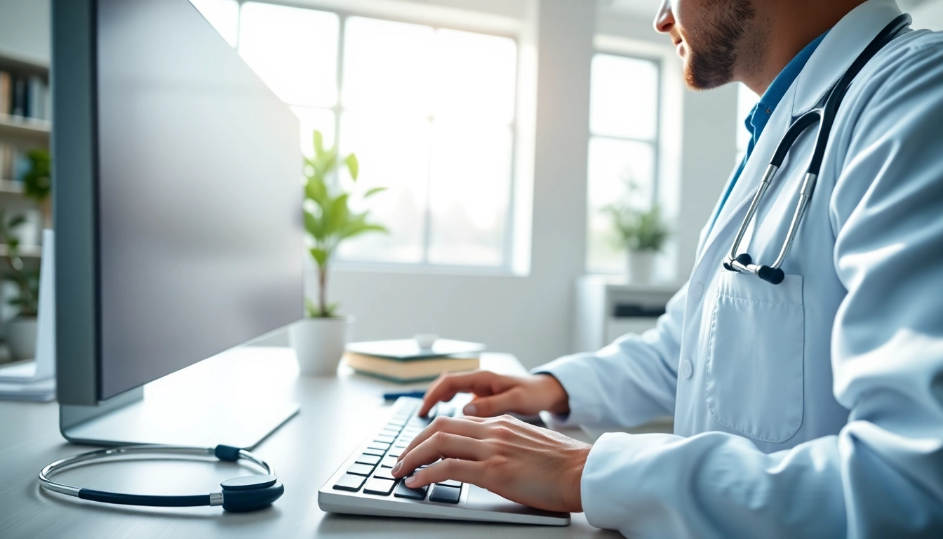 E-prescribing software for doctors displayed on a computer in a modern clinic setting.