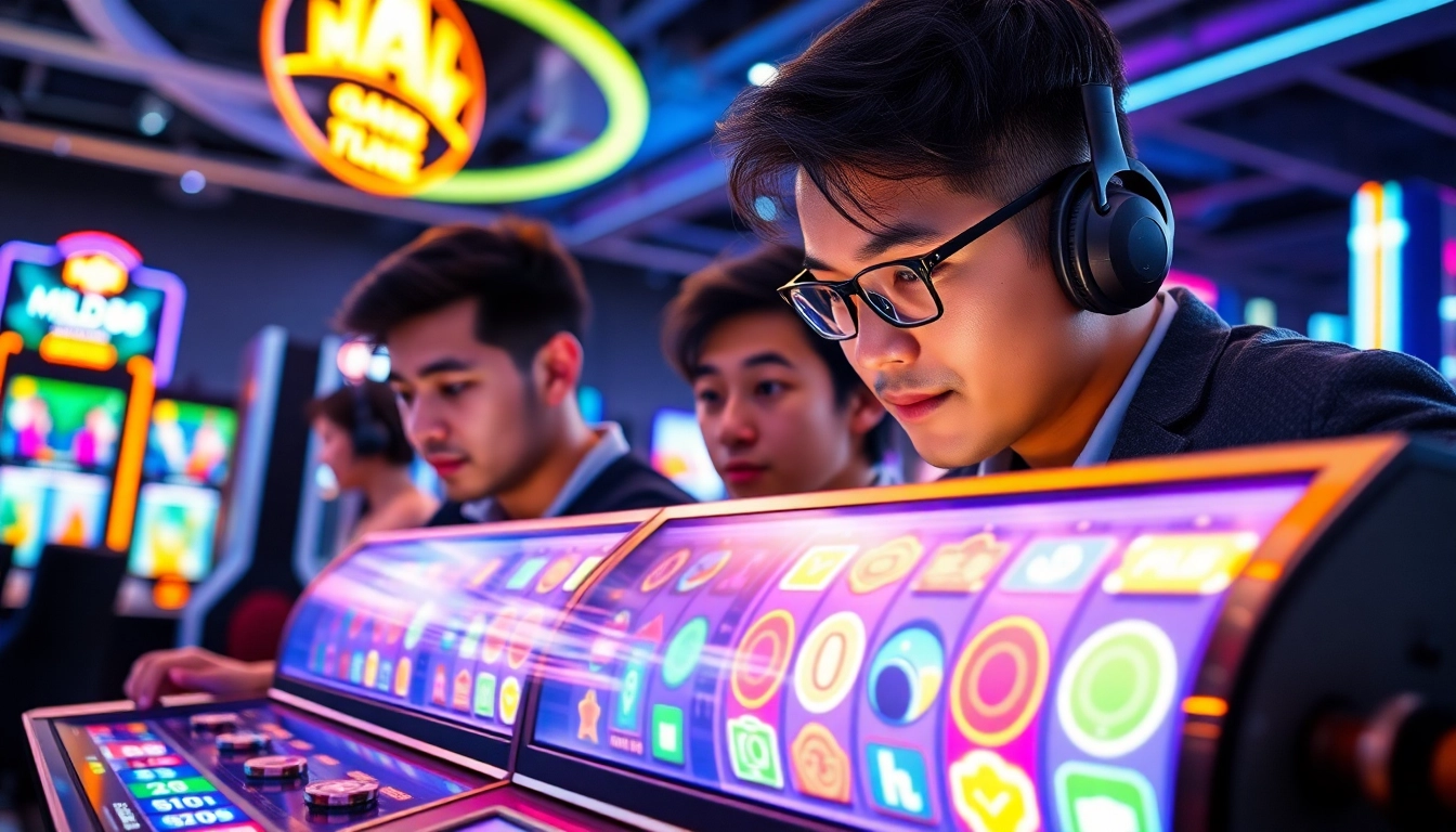 Menampilkan pemain bersungguh-sungguh saat memainkan mild88 slot di lingkungan digital yang energik.
