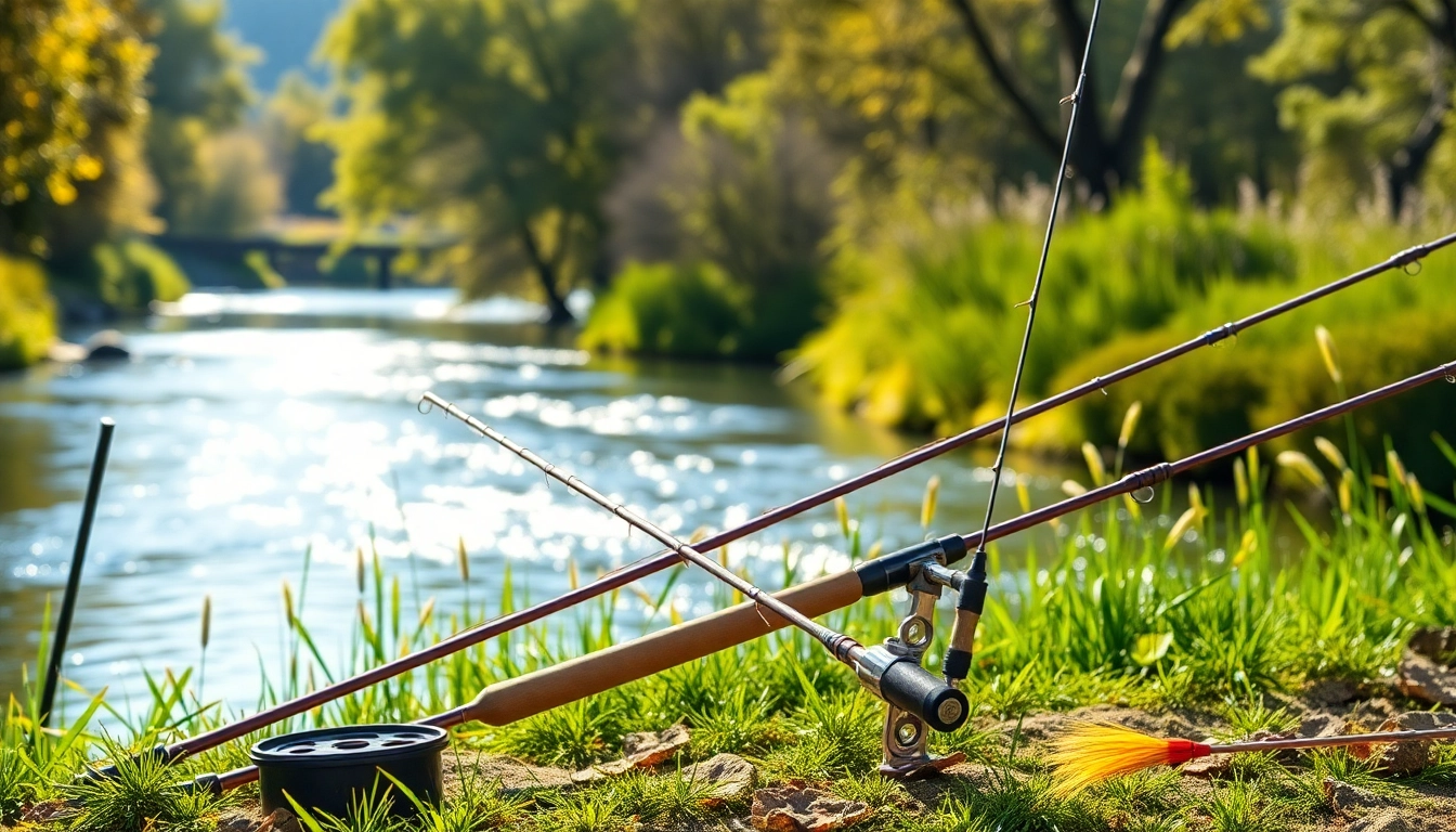 Showcase the Best fly fishing rods in a scenic river setting with a tackle box and colorful flies.